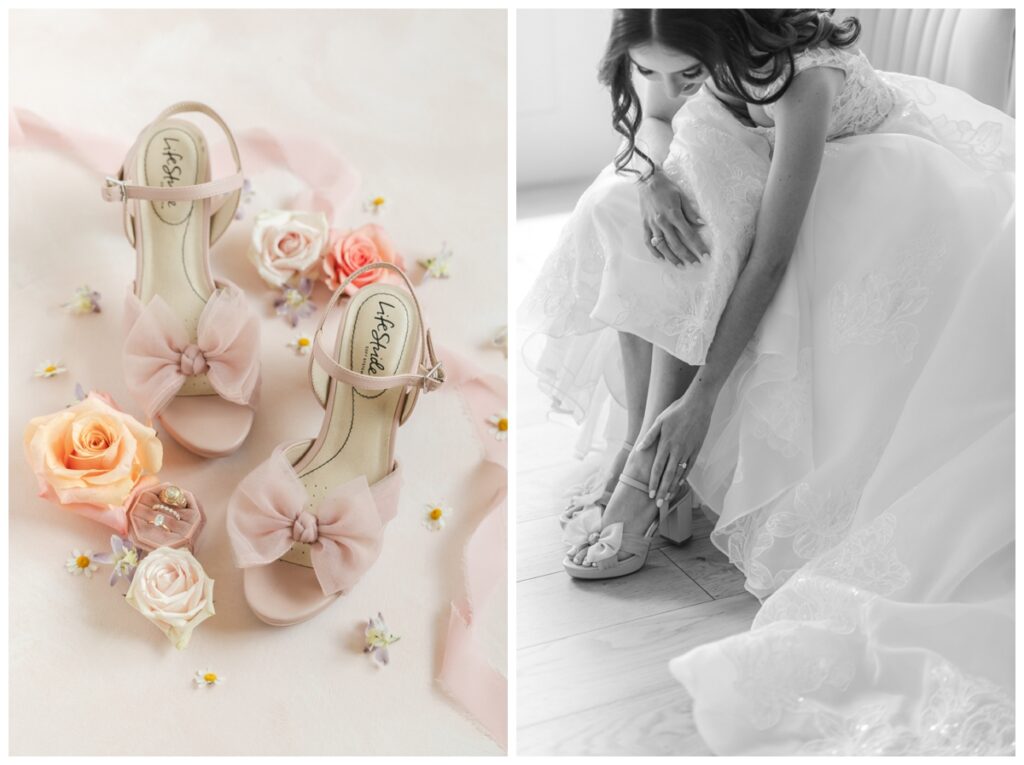 Bride putting on her bridal shoes