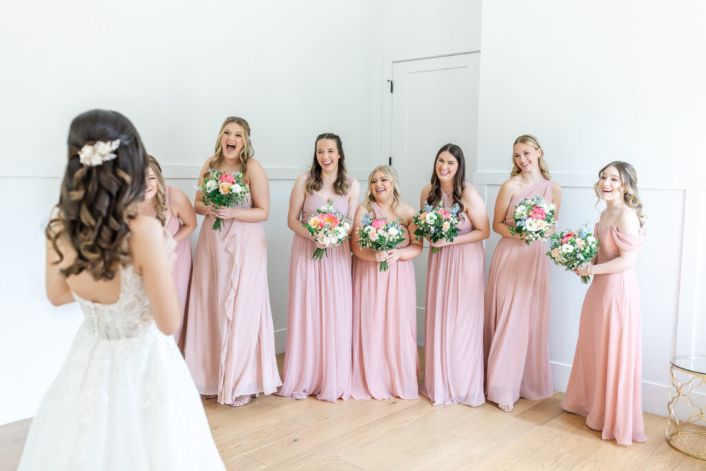 Bride's first look with the bridesmaids