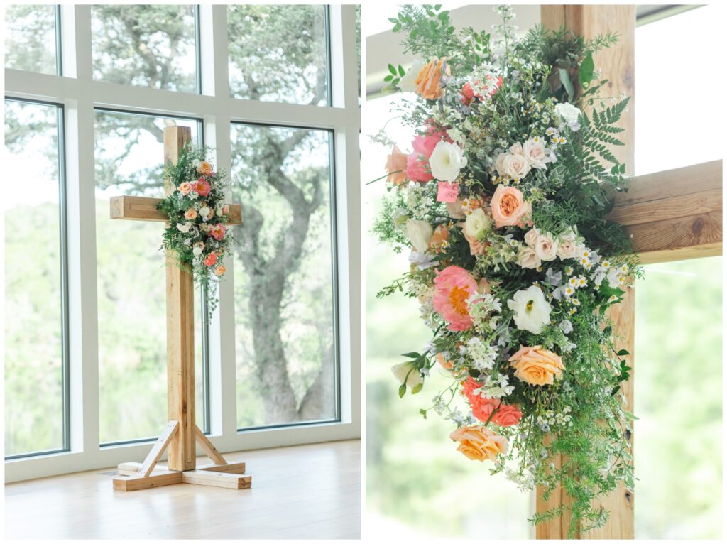 Colorful flowers on cross- ceremony details at The Preserve at Canyon Lake wedding