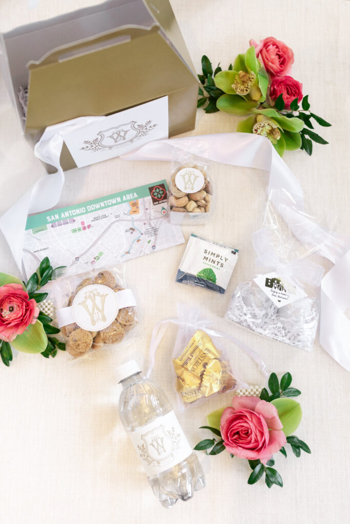welcome box with favors and snacks for wedding guests