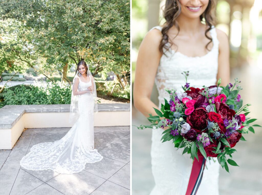 Bride with veil smiling and colorful Fall jewel tone bouquet