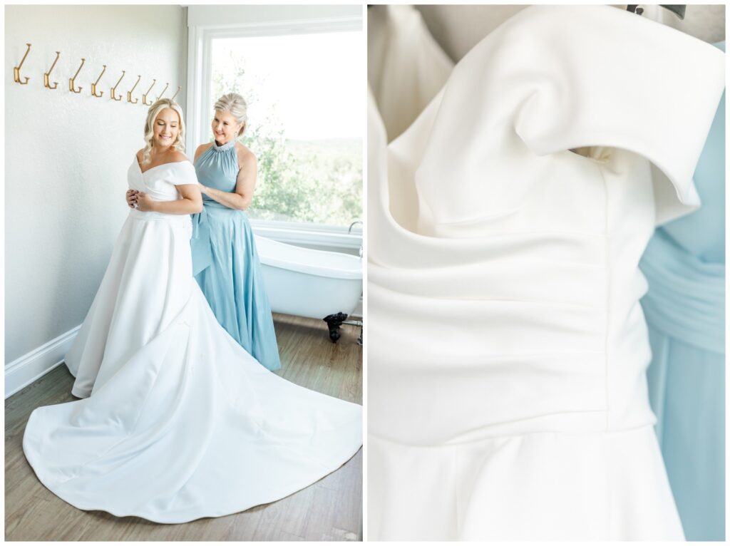 Mother of bride zipping up brides gown