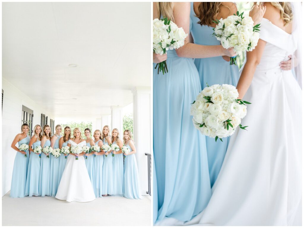bridal party; bride with bridesmaids in sky blue dresses