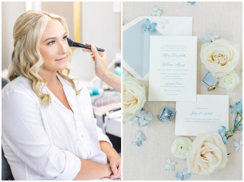 bride getting makeup done and wedding invitations with flowers