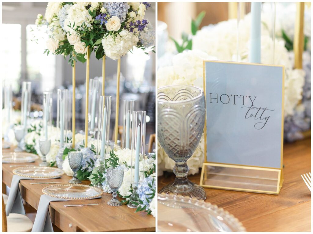 wedding head table with stunning white and blue hydrangea centerpieces and dusty blue candles and Hotty totty table sign