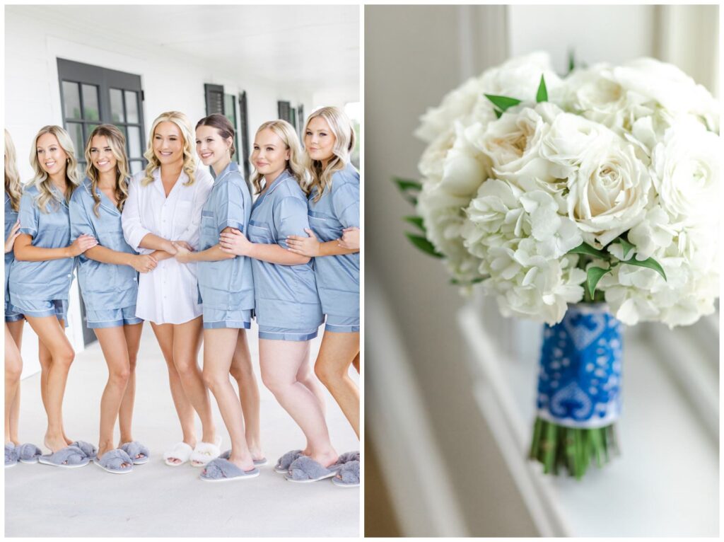 Bride smiling with bridesmaids and bride's bouquet