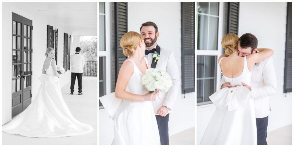 First Look with bride and groom on Kendall Point porch