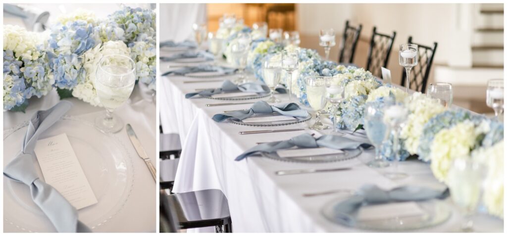 blue and white hydrangeas reception flowers