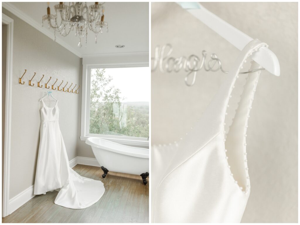 wedding gown hanging in bridal suite