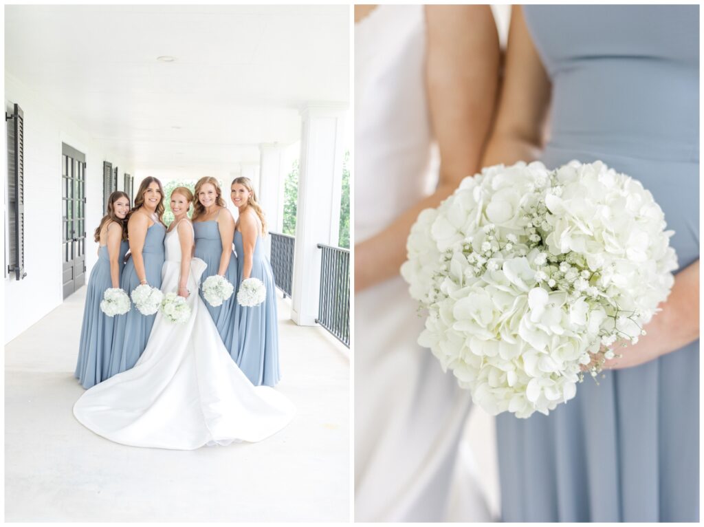 bridal party in dusty blue bridesmaids dresses with all white bouquets