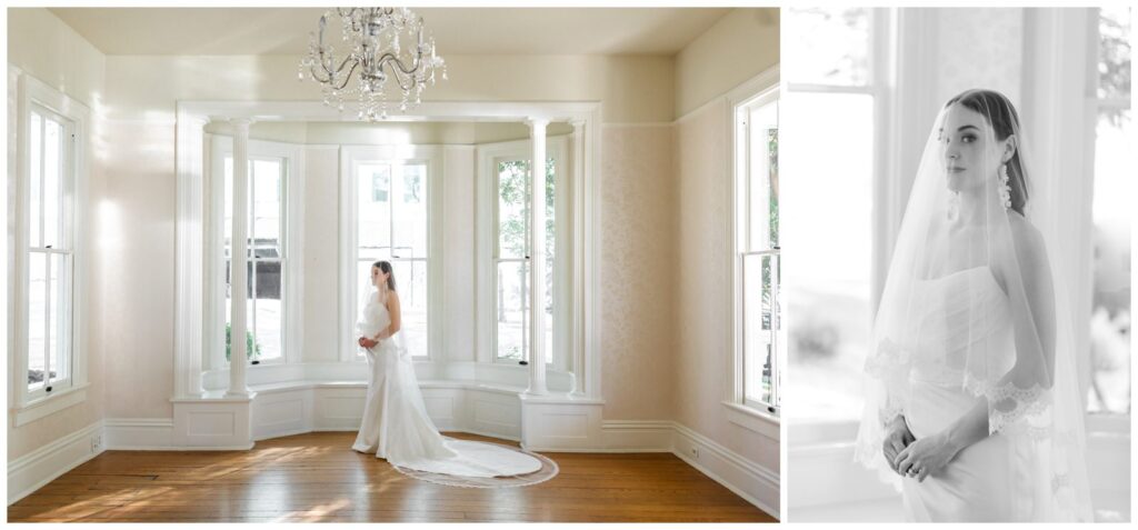 Bride in front of the windows inside the Allan House 