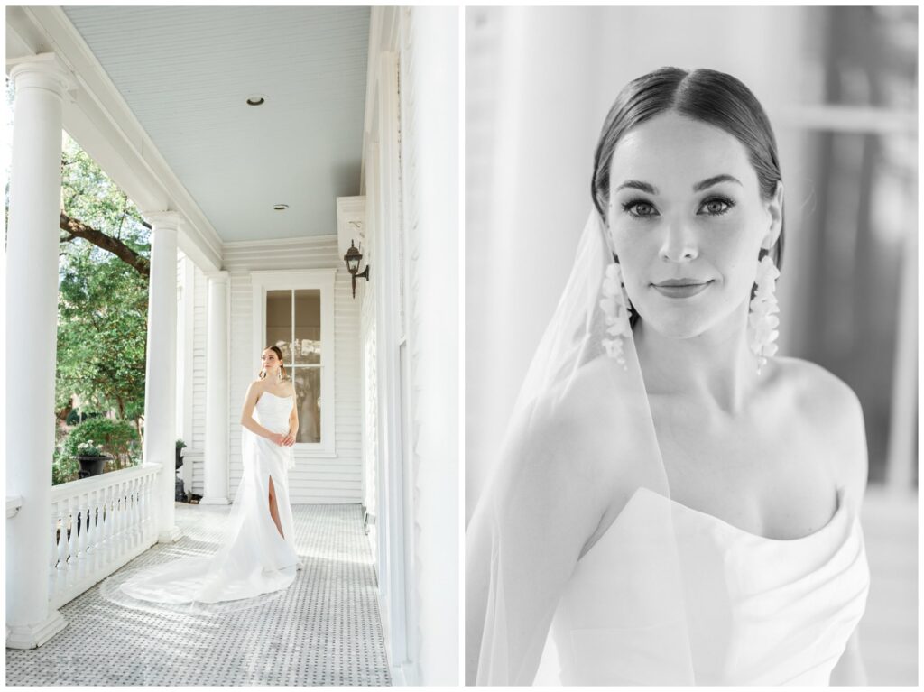 Bride on porch of the Allan House 