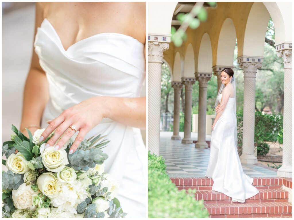 satin ruched bodice gown and bride in front of pillars