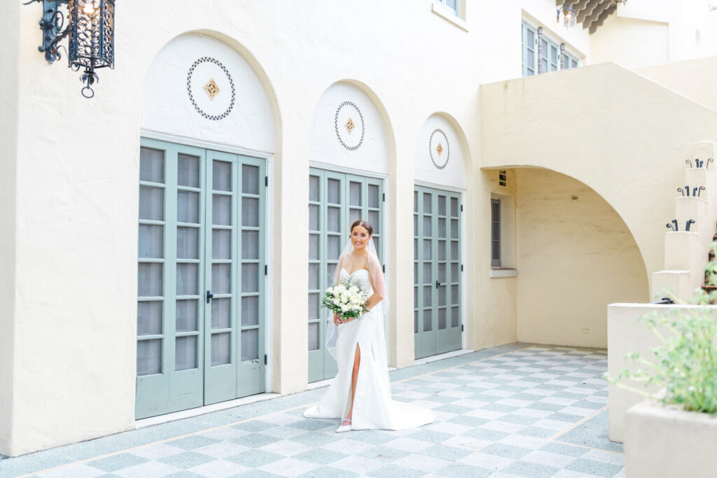 bride at blue doors of landa library