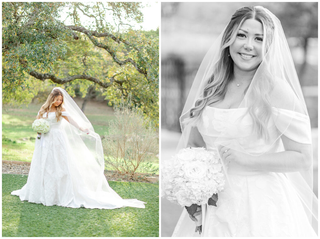 Bride playing with gown and smiling at camera holding her veil