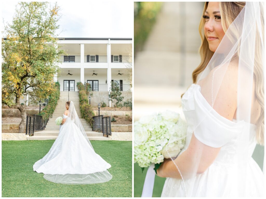 Bride looking to the left with Kendall Point wedding venue in the background